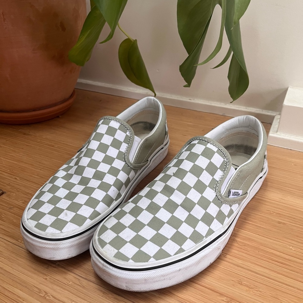 Checkered Vans Slip Ons Desert Sage